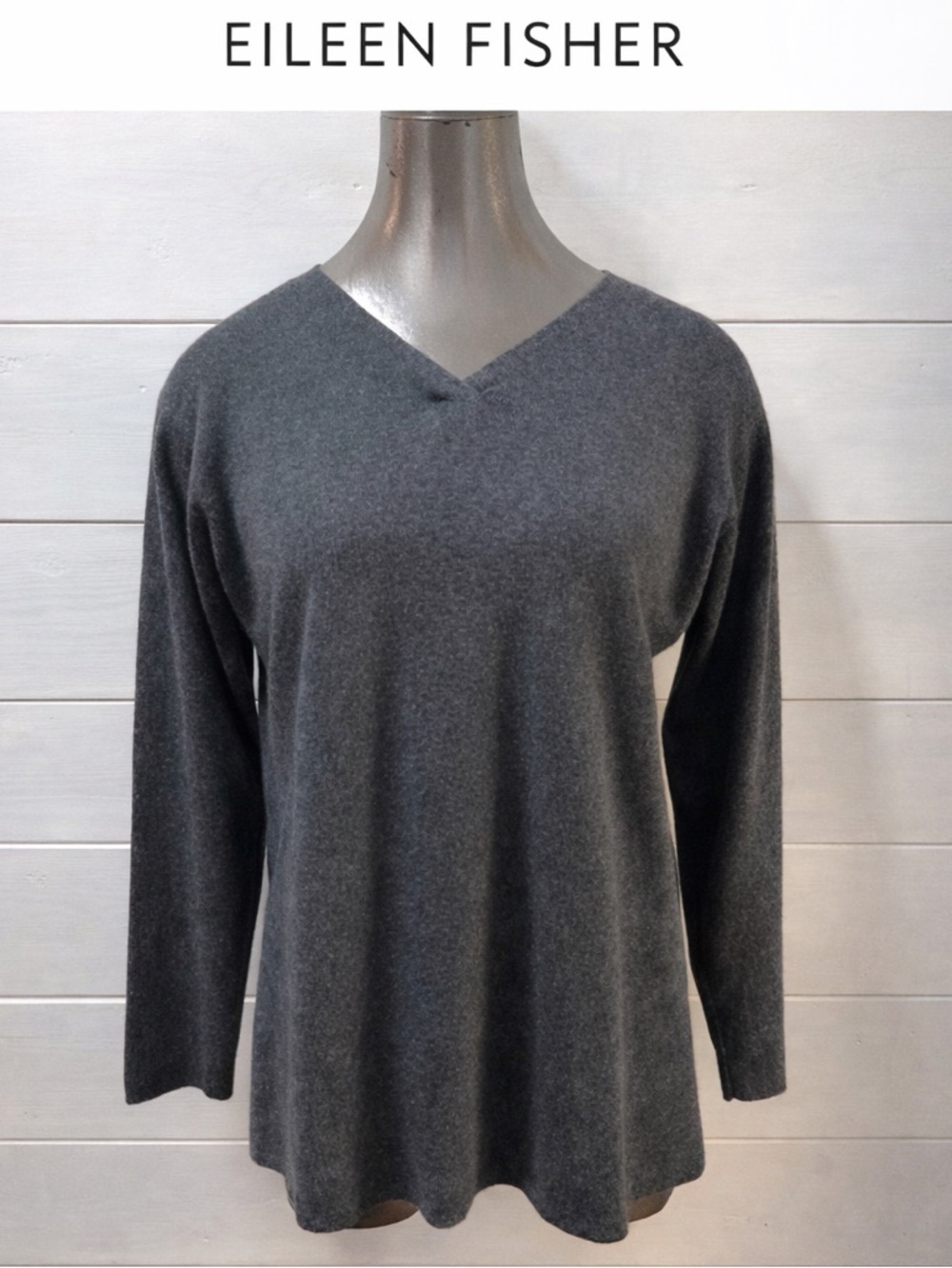EILEEN FISHER Charcoal Merino Wool V-Neck Sweater – Size S